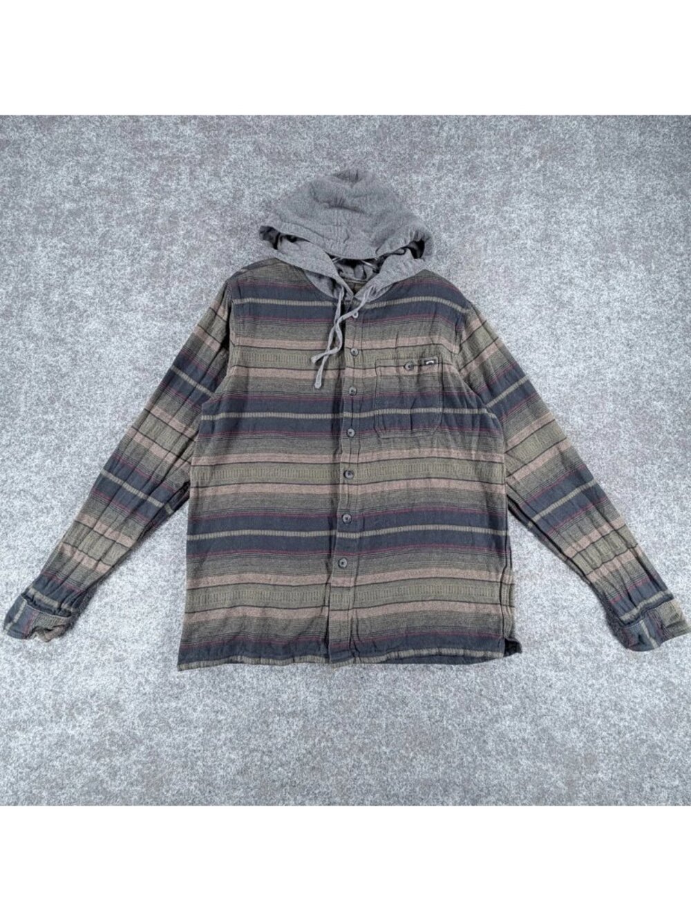 Billabong Hooded Baja Flannel Shirt Mens L Green Blue Striped Long Sleeve‎